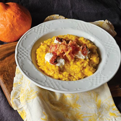 Rižota s pečeno bučo in hrustljavo slanino